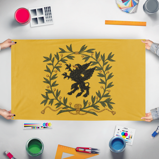 A mockup of the custom flag 'Sormland Regemente Kompanifana flag' held up on a table during print checking