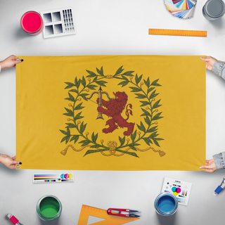 A mockup of the custom flag 'Kronobergs regemente flag' held up on a table during print checking