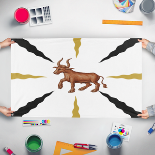 A mockup of the custom flag 'Vastgota-Dals regemente kompanifana flag' held up on a table during print checking