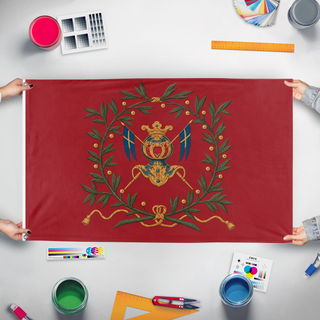A mockup of the custom flag 'Nylands regemente kompanifana flag' held up on a table during print checking