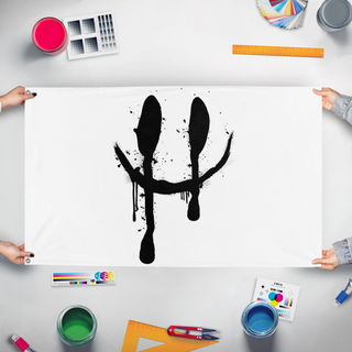 A mockup of the custom flag 'me flag' held up on a table during print checking