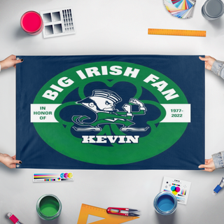 A mockup of the custom flag 'Kevin flag' held up on a table during print checking