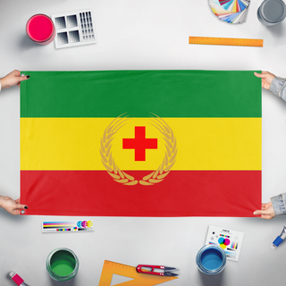 A mockup of the custom flag 'Haile flag' held up on a table during print checking
