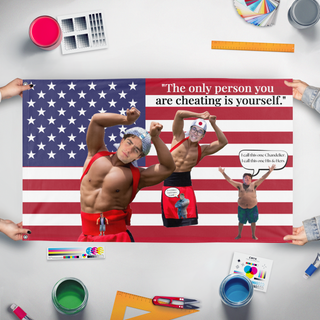A mockup of the custom flag 'Gym flag' held up on a table during print checking