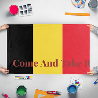 A mockup of the custom flag 'T flag' held up on a table during print checking