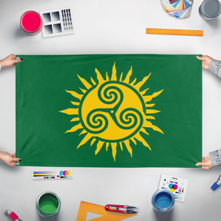 A mockup of the custom flag 'Pan Gaelic Flag' held up on a table during print checking