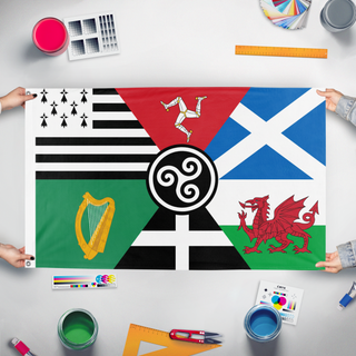A mockup of the custom flag 'Celtic Nations flag' held up on a table during print checking