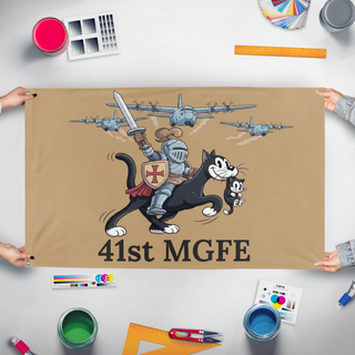 A mockup of the custom flag '41st MGFE flag' held up on a table during print checking