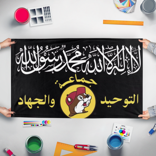 A mockup of the custom flag 'Yallqaeda flag' held up on a table during print checking