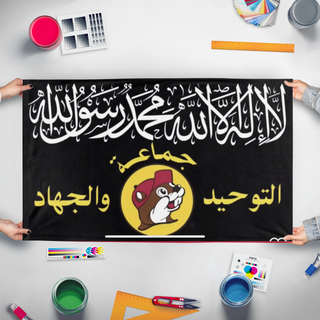 A mockup of the custom flag 'Yallqaeda flag' held up on a table during print checking