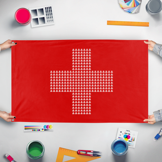 A mockup of the custom flag 'Defqon flag' held up on a table during print checking