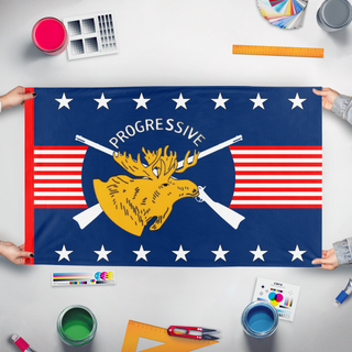 A mockup of the custom flag 'Bull Moose America flag' held up on a table during print checking