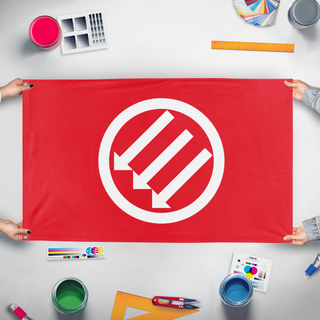 A mockup of the custom flag 'Red and White Iron Front flag' held up on a table during print checking