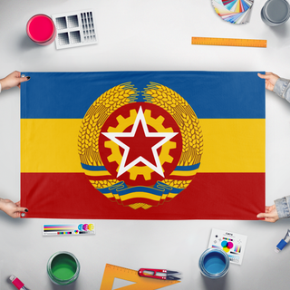 A mockup of the custom flag 'Carpathian Socialist Union flag' held up on a table during print checking