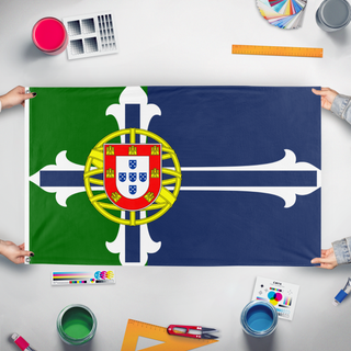 A mockup of the custom flag 'Imperial kingdom  of Portugal flag' held up on a table during print checking