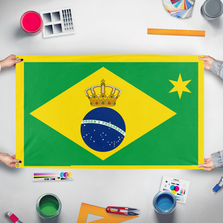 A mockup of the custom flag 'Empire of Brazil flag' held up on a table during print checking