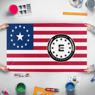 A mockup of the custom flag 'US-Enclave Seal Flag' held up on a table during print checking