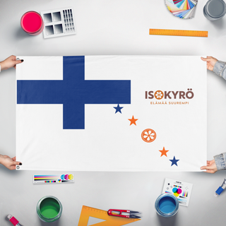A mockup of the custom flag 'isokyro flag' held up on a table during print checking