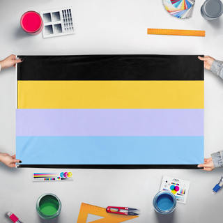 A mockup of the custom flag 'Fairiesexual flag' held up on a table during print checking
