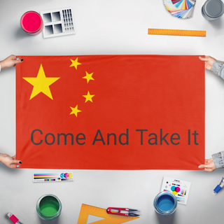 A mockup of the custom flag 'T flag' held up on a table during print checking