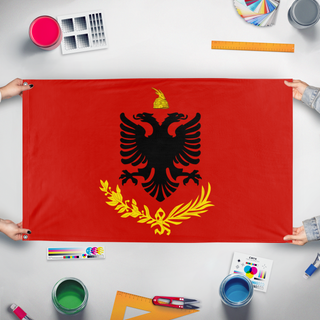 A mockup of the custom flag 'Albanian Great Seal flag' held up on a table during print checking