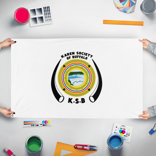 A mockup of the custom flag 'KSB flag' held up on a table during print checking