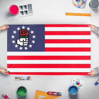 A mockup of the custom flag 'Democratic socialist states of America flag' held up on a table during print checking