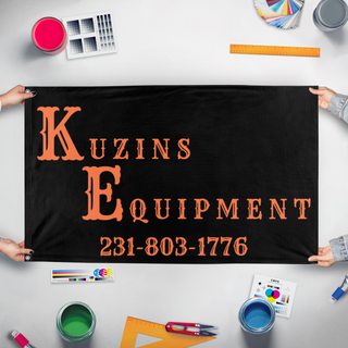 A mockup of the custom flag 'kuzins no logos flag' held up on a table during print checking