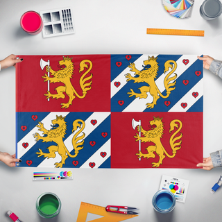 A mockup of the custom flag 'Sweden Norway Union ALT flag' held up on a table during print checking