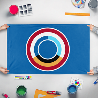 A mockup of the custom flag 'Benelux Union flag' held up on a table during print checking