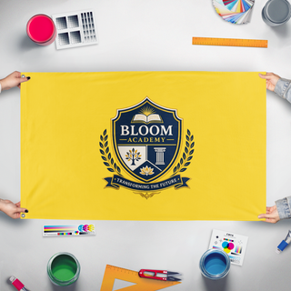A mockup of the custom flag 'Bloom Academy Flag' held up on a table during print checking