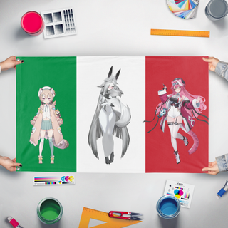 A mockup of the custom flag 'Italian Vtubers flag' held up on a table during print checking