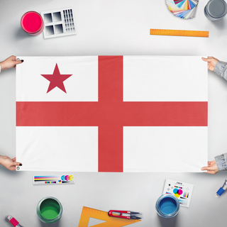 A mockup of the custom flag 'Test Flag' held up on a table during print checking