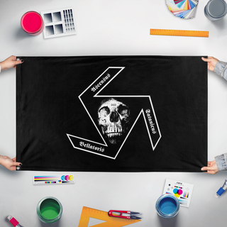 A mockup of the custom flag 'SSP flag' held up on a table during print checking