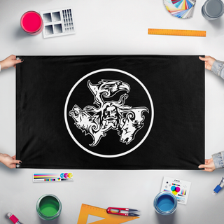 A mockup of the custom flag 'TPF flag' held up on a table during print checking