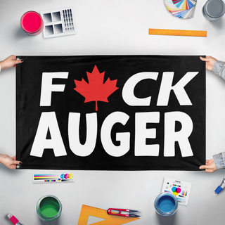 A mockup of the custom flag 'Fuck Auger flag' held up on a table during print checking