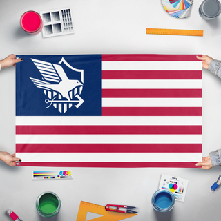 A mockup of the custom flag 'Eagle Union America flag' held up on a table during print checking
