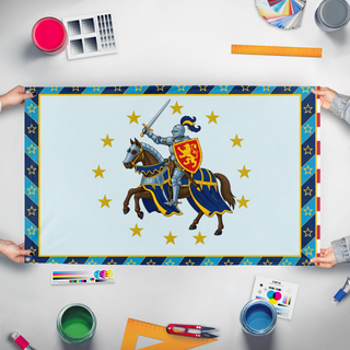 A mockup of the custom flag 'Zeno Knight Flag' held up on a table during print checking