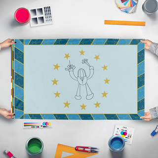 A mockup of the custom flag 'Zeno Spaceman flag' held up on a table during print checking