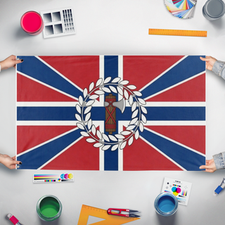 A mockup of the custom flag 'Fedrelandsvernet flag' held up on a table during print checking