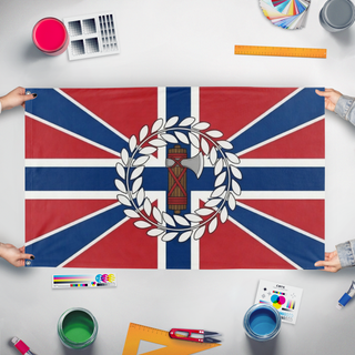 A mockup of the custom flag 'Fedrelandsvernet flag' held up on a table during print checking