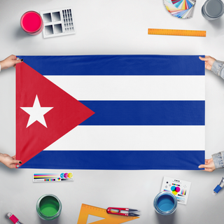 A mockup of the custom flag 'cuban flag' held up on a table during print checking