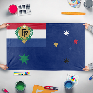 A mockup of the custom flag 'Fun with Flags Australia flag' held up on a table during print checking