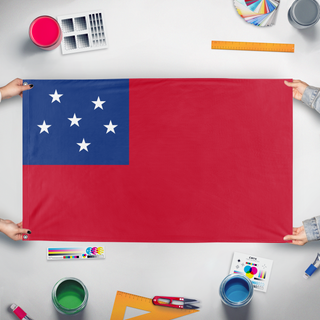 A mockup of the custom flag 'Falxburg flag' held up on a table during print checking