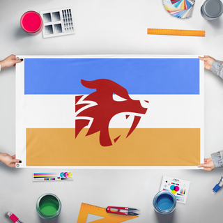 A mockup of the custom flag 'Dutch saber album flag' held up on a table during print checking