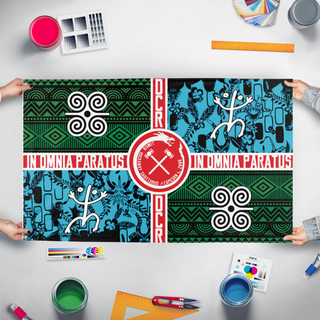 A mockup of the custom flag 'u flag' held up on a table during print checking