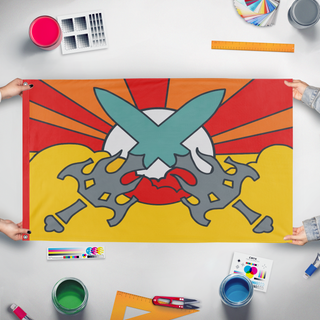 A mockup of the custom flag 'Crossed Swords flag' held up on a table during print checking