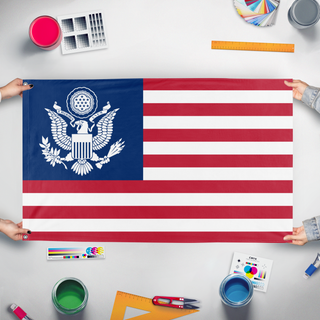 A mockup of the custom flag 'United States Coat of Arms flag' held up on a table during print checking