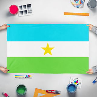 A mockup of the custom flag 'Flag of the Free Republic of Ravena' held up on a table during print checking