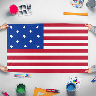 A mockup of the custom flag 'Star Spangled Banner flag' held up on a table during print checking